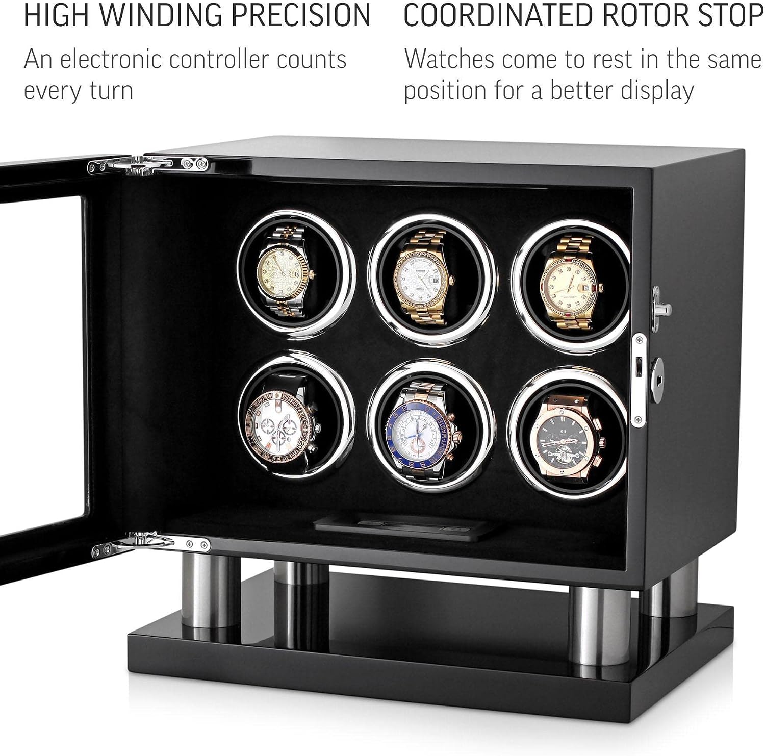 Watch Winder for 6 Watches with LED Light, LCD Display and Motor-Stop Option