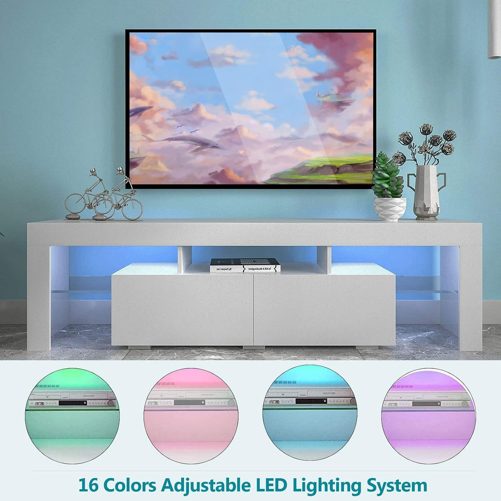 White LED TV Stand for /50/60/70 Inch TVs with Color Change LED Lighting, Universal Entertainment Center for Video Gaming, Movies, and Home Decor, Clear Glass Shelving (White2)