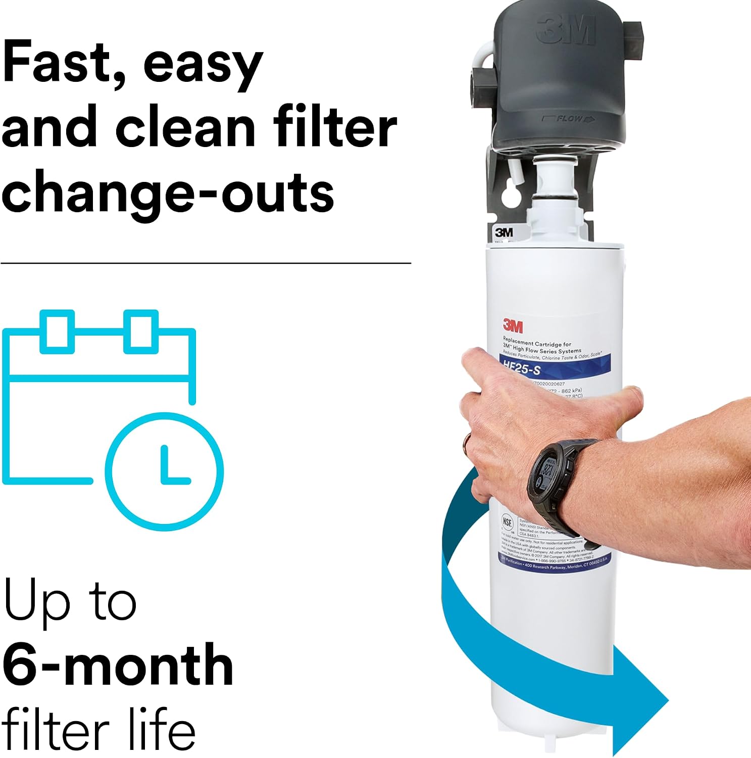 3M HF25-S High Flow Series Genuine Replacement Filter Cartridge for ICE125-S Water Filter System,Reduces Chlorine,Taste and Odor,Scale,and Particulate 1 Micron,1.5 gpm,5615203,(Pack of 6)