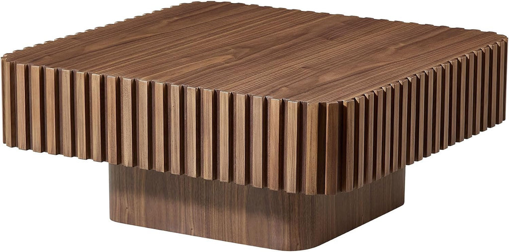 WILLIAMSPACE 31.5' Square Coffee Table with Sturdy Base, Modern Luxury Wood Drum Center Table Accent End Side Table for Living Room, Minimalist Fluted Design, Walnut