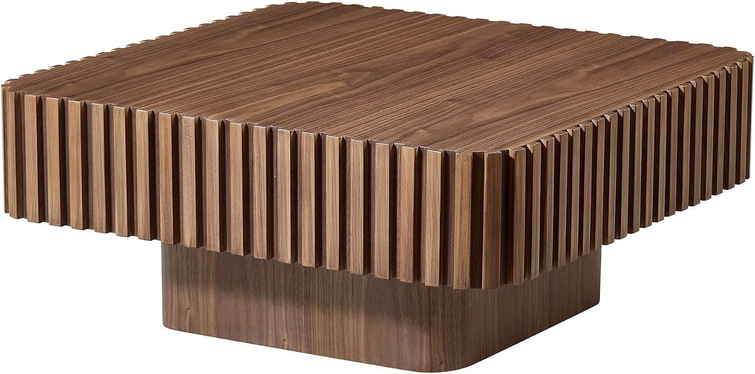 WILLIAMSPACE 31.5' Square Coffee Table with Sturdy Base, Modern Luxury Wood Drum Center Table Accent End Side Table for Living Room, Minimalist Fluted Design, Walnut
