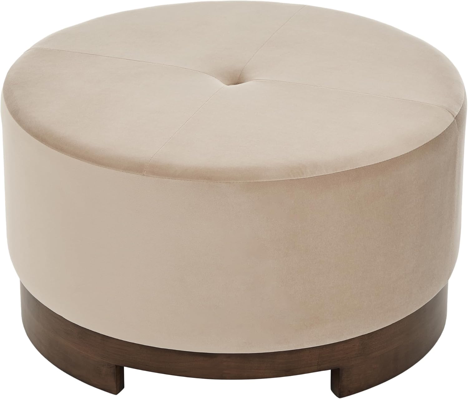 Christopher Knight Home Monroe Velvet Upholstery Round Ottoman, Living Room Sofa Ottoman with Wood Frame, Accent Small Foot Stool, Round Coffee Table, No Assembly Needed, Camel + Dark Walnut