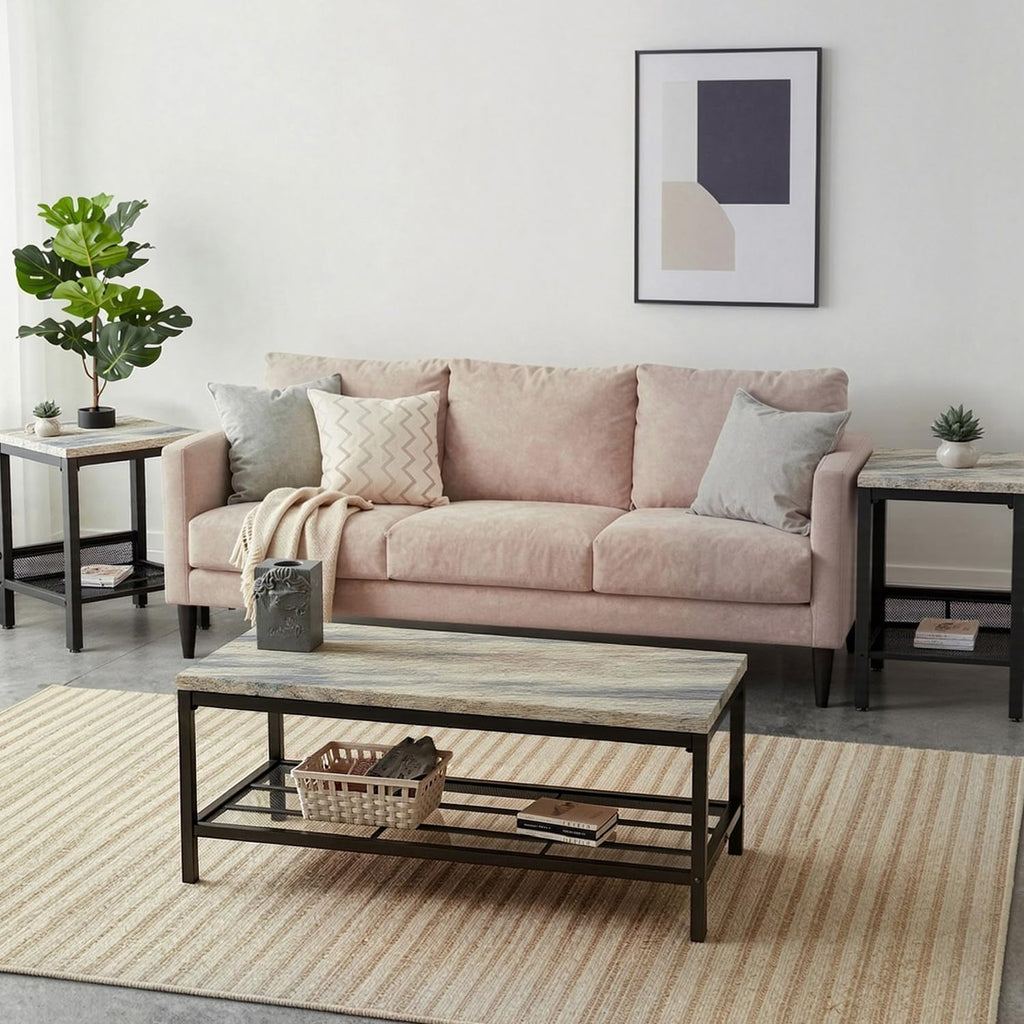 Coffee Table Set of 3,Industrial Coffee Table and 2 End Side Tables,Easy Assembly Coffee and End Tables Sets with Metal Legs, for Office, Living Room and Apartment (Grey)