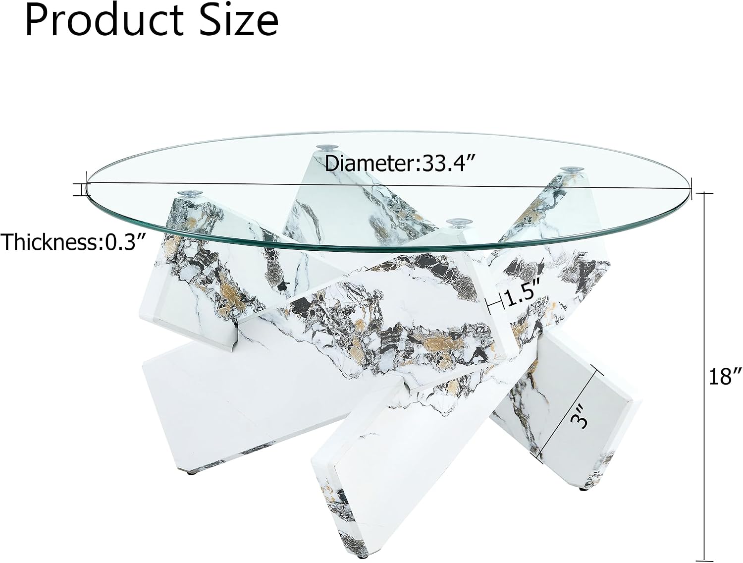 33.4'' Tempered Glass Round Coffee Table for Living Room, Modern Circle Coffee Table, Glass Tabletop & Wood Base, Easy Assembly, White