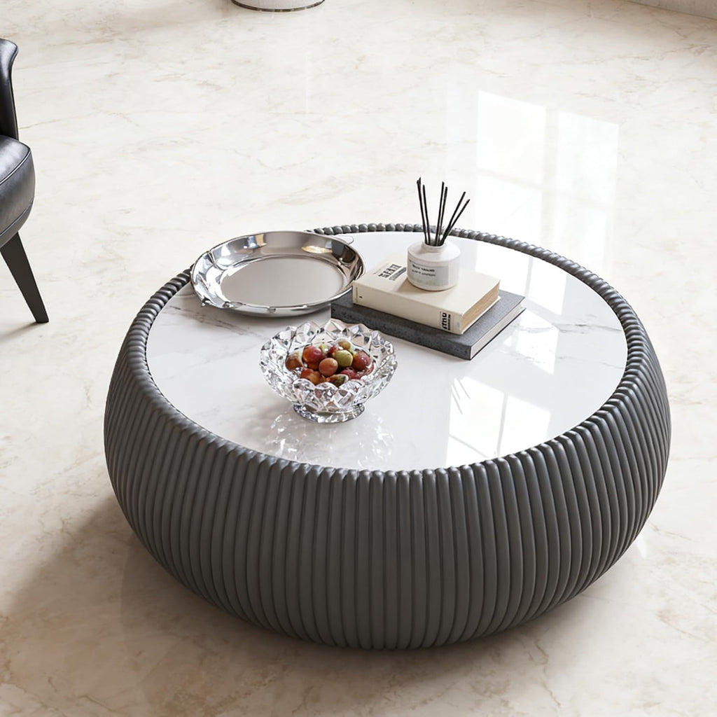 Modern Round Coffee Table Luxury Sintered Stone Top Coffee Table in Grey Leatherette Creative Drum-Shape Cocktail Center Table for Living Room Bedroom,Fully Assembled