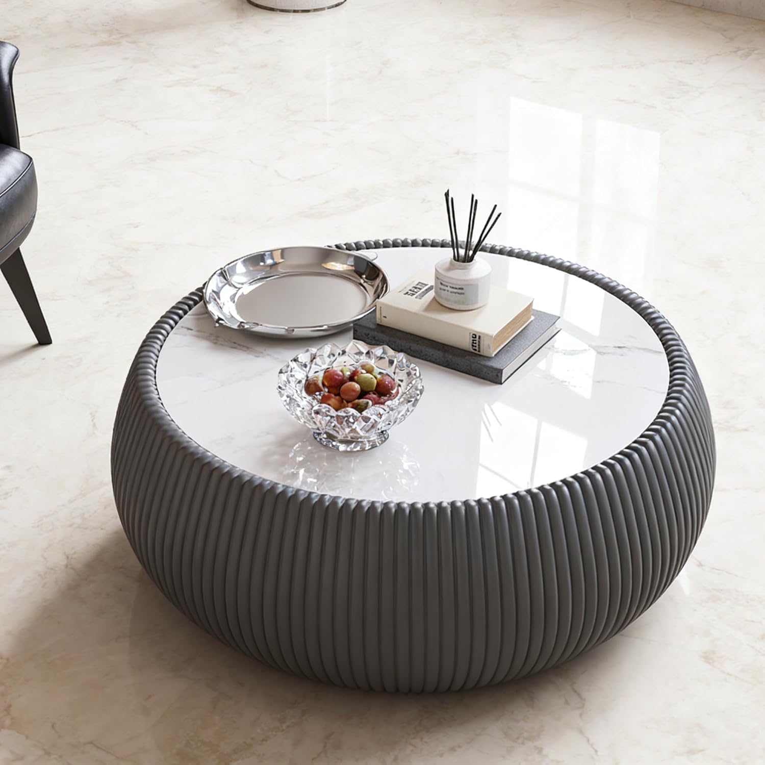 Modern Round Coffee Table Luxury Sintered Stone Top Coffee Table in Grey Leatherette Creative Drum-Shape Cocktail Center Table for Living Room Bedroom,Fully Assembled