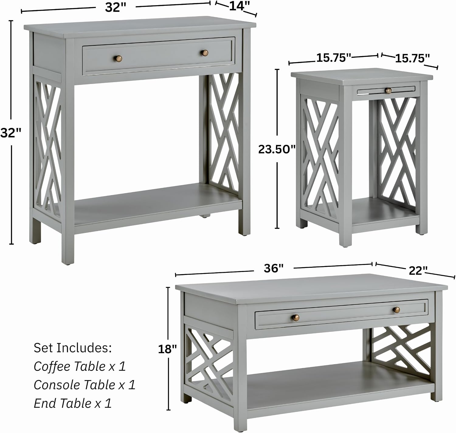 Alaterre Furniture Coventry 36' Coffee, End Tray and Console/TV Table, Set of 3, Grey