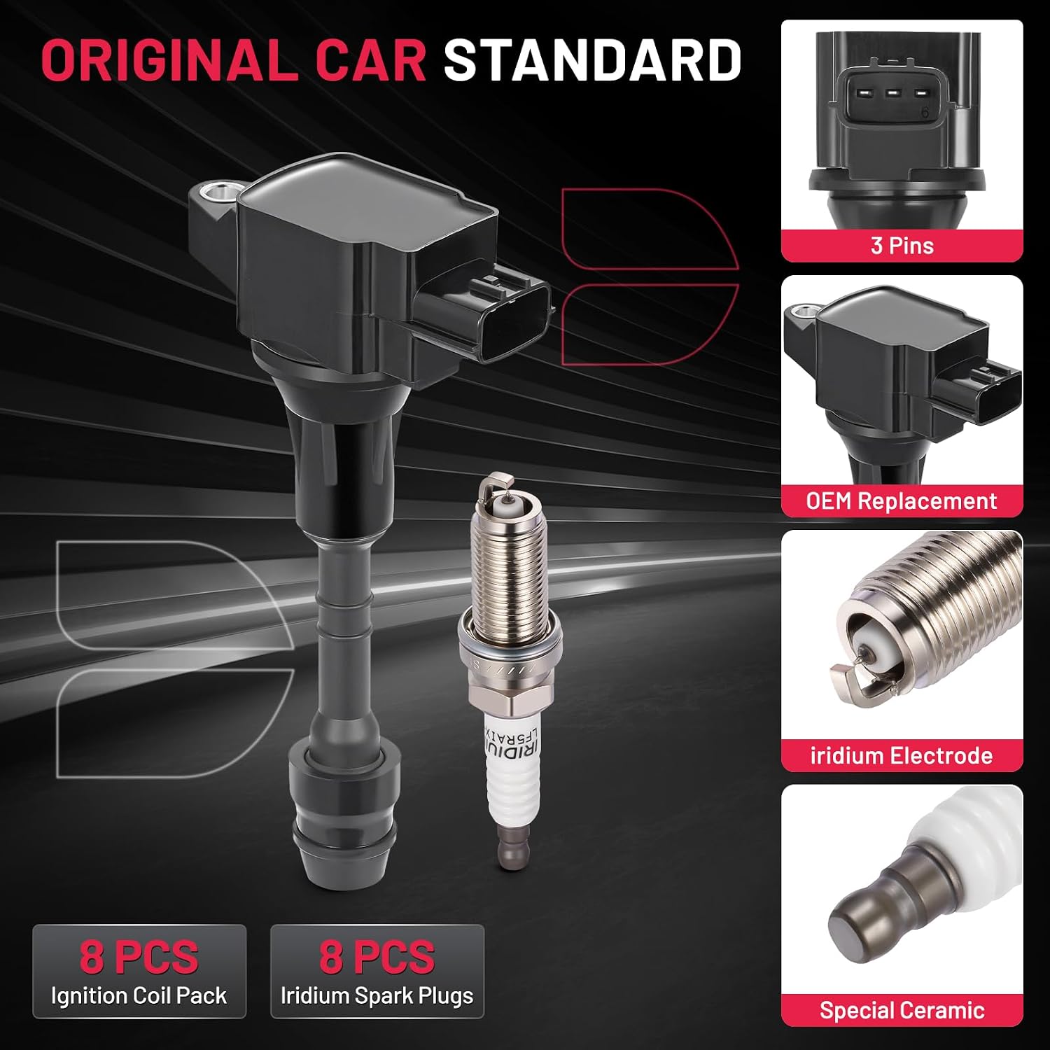 BDFHYK 8 Ignition Coil Pack UF551 and 8 Iridium Spark Plug 4505 Compatible with INFINITI 07-10 QX56,Compatible with Nissan 07-15 Armada, 12-15 NV2500 NV3500, 08-12 Pathfinder Coil for 5C1729 E1051
