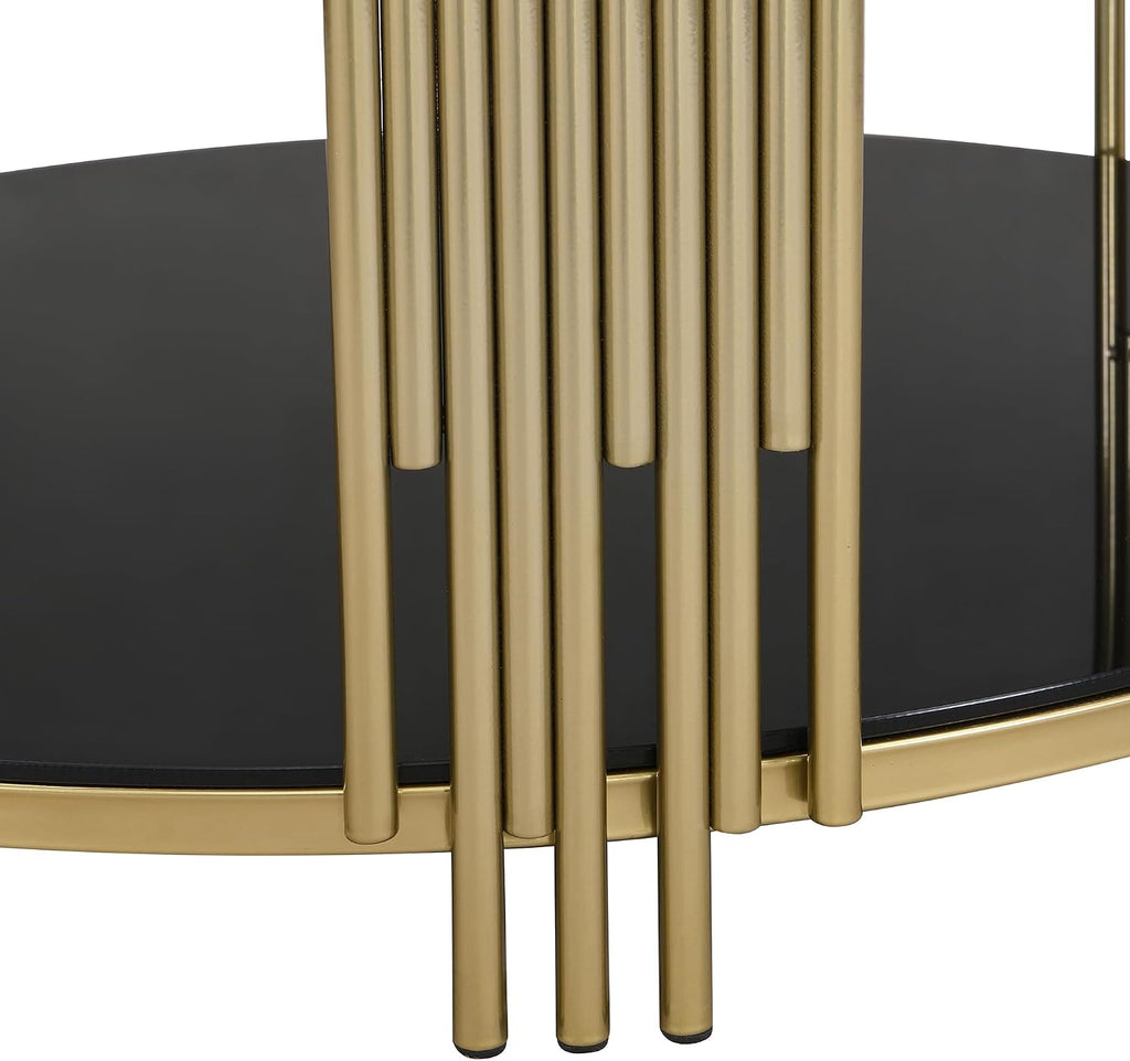 31.5'' Tempered Glass Round Coffee Table for Living Room, 2-Tier Modern Circle Coffee Table, Black Mirror Tabletop & Metal Drum Base, Easy Assembly, Black & Gold