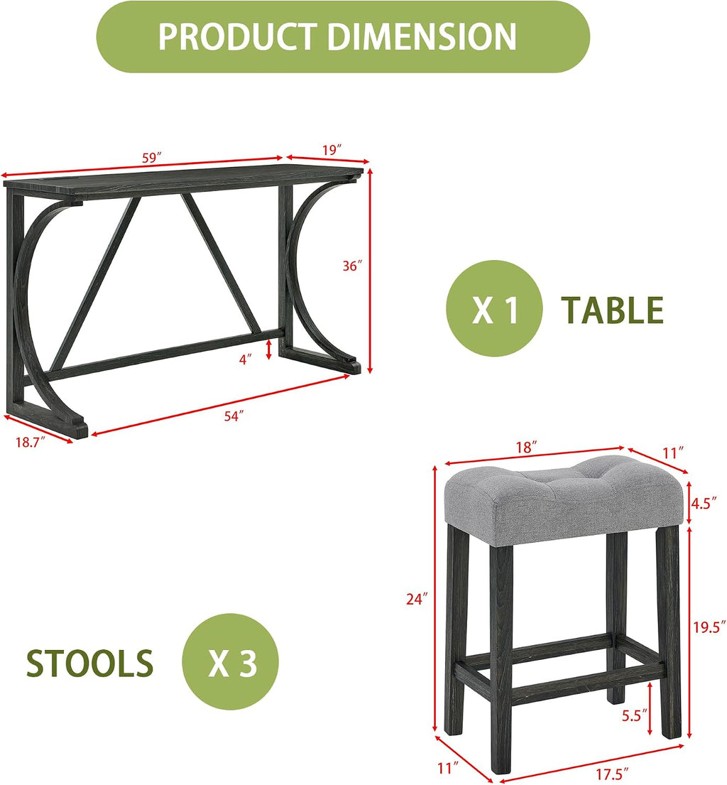 Merax 59 Inch Industrial Bar Table Set with Power Outlet, 3 Linen Upholstered Stools, Counter Height Table Set with 24 Inch Seat Height Stools for Kitchen, Living Room,Black+Light Gray