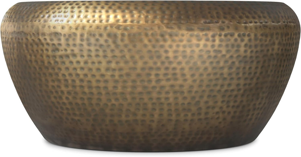 SIMPLIHOME Preston Drum Coffee Table - 36 inch Wide Iron Round Metal Table in Antique Gold, Modern Industrial Living Room Centerpiece with Hand-Hammered Texture and Sculptural Design, Assembled