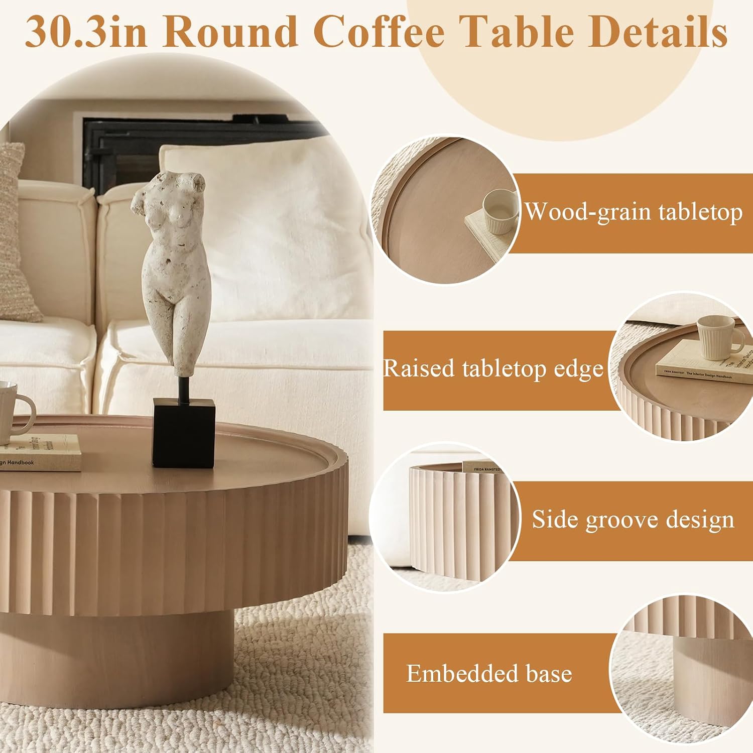 Round Coffee Table, 30.3in Modern Living Room Table, Fluted Drum Circle Tea Table with Storage, Accent Center Tables for Living Room, Apartment, Small Space (Grayish Pink)