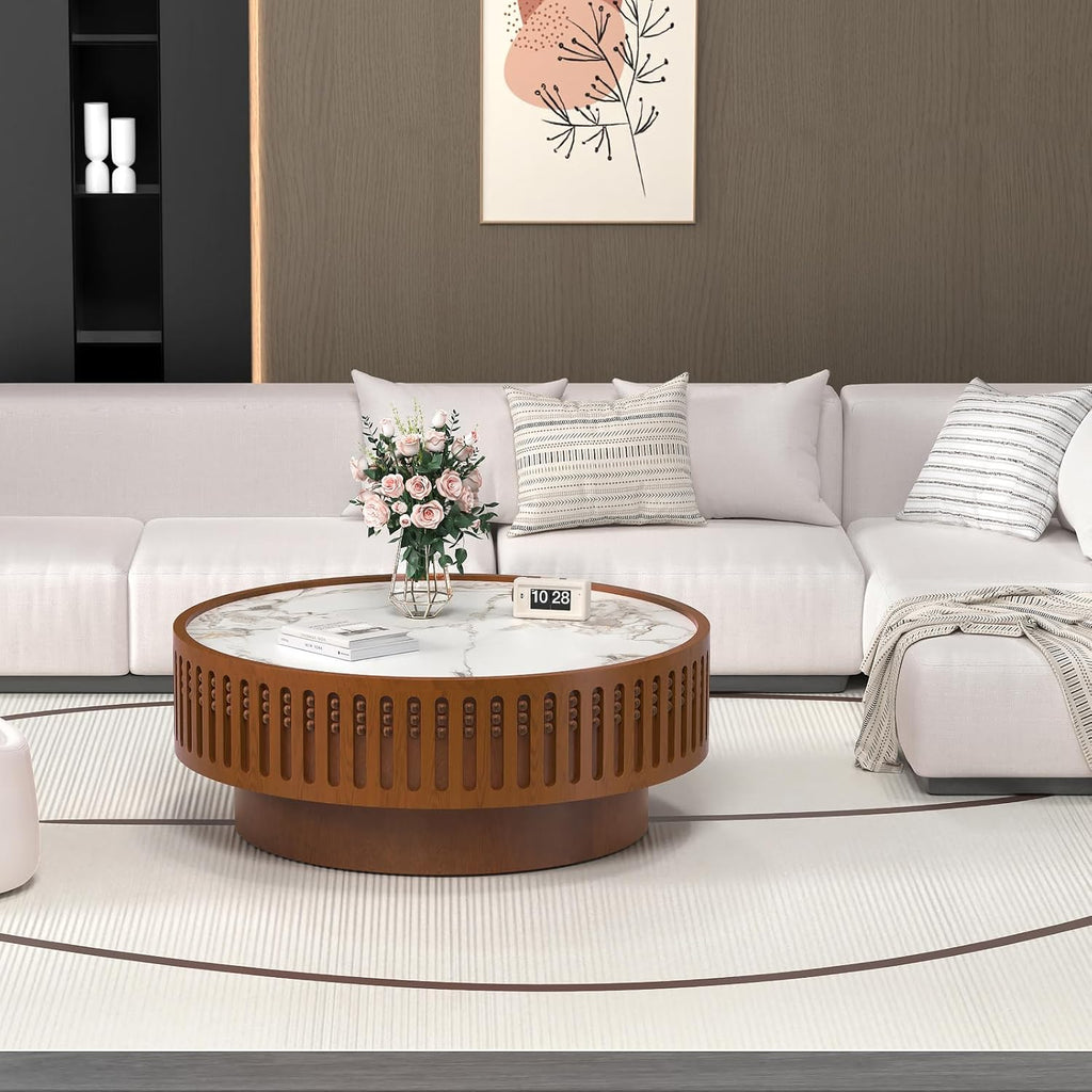 35.43' Round Coffee Table with Sintered Stone Tabletop, Modern Drum Fluted Center Table, Unique Circle Wood Coffee Table for Living Room Small Spaces (Walnut, 35.43' Sintered Stone Tabletop)