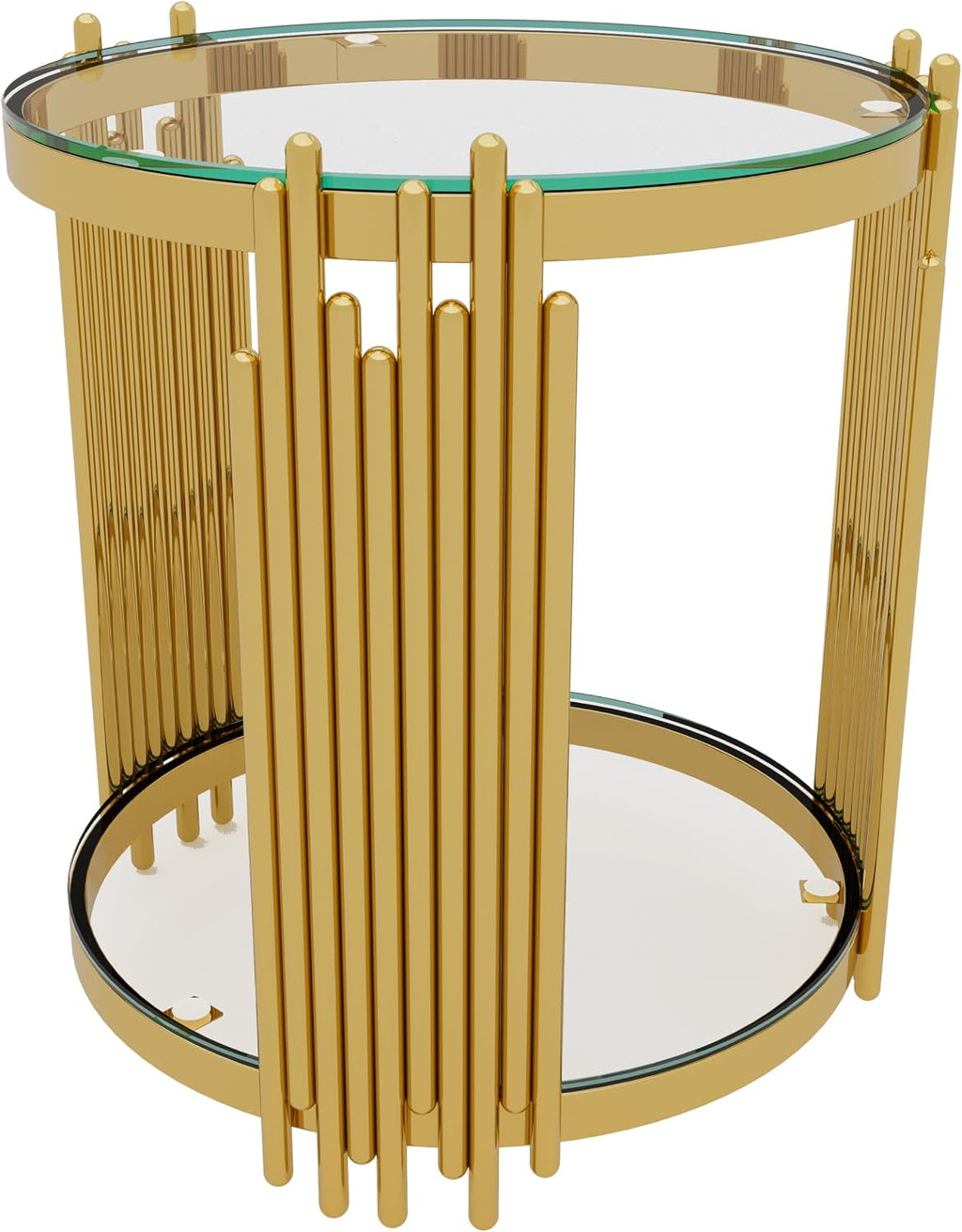 19.8'' Tempered Glass Side Tabel Round End for Living Room, 2-Tier Modern Accent Circle Design, Transparent Mirror Tabletop & Metal Drum Base, Easy Assembly, Transparent & Gold