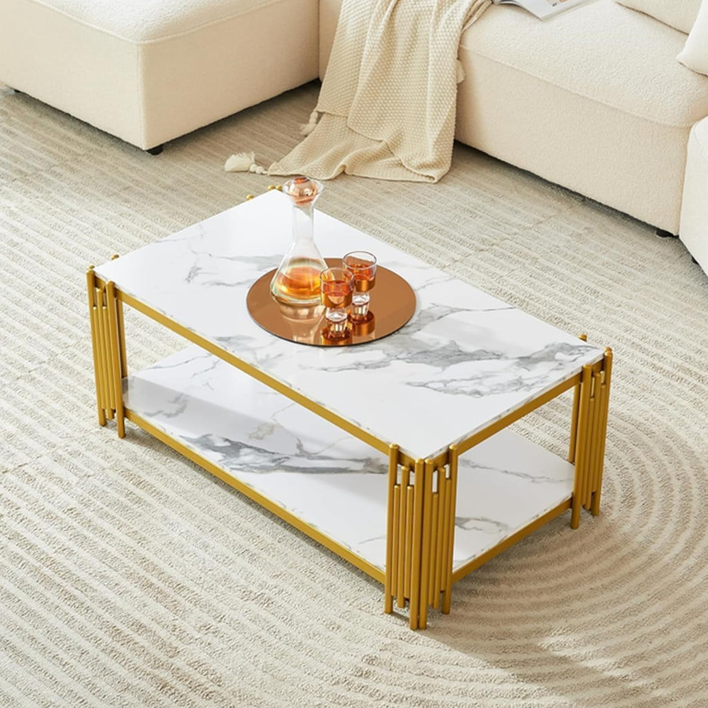 White Marble Coffee Table Set - 2 Piece Luxury Living Room Table Set with Faux Marble Top and Chrome Metal I-Base