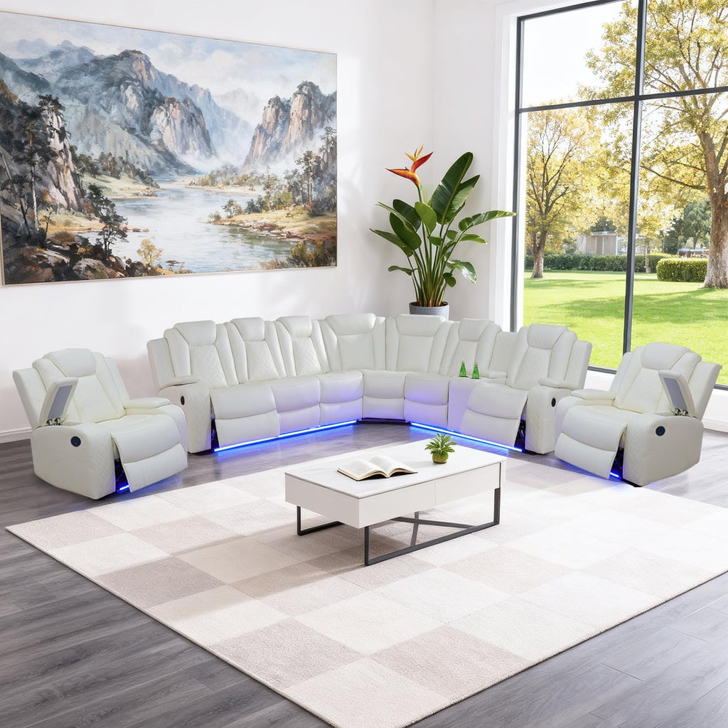 Leather Power Recliner Sectional Sofa Set with LED Light,L Shaped Leather Couch Set with Chair*2,Modular Corner Sofa with USB Ports for Living Room Furniture(White, Sectional+Chair*2)