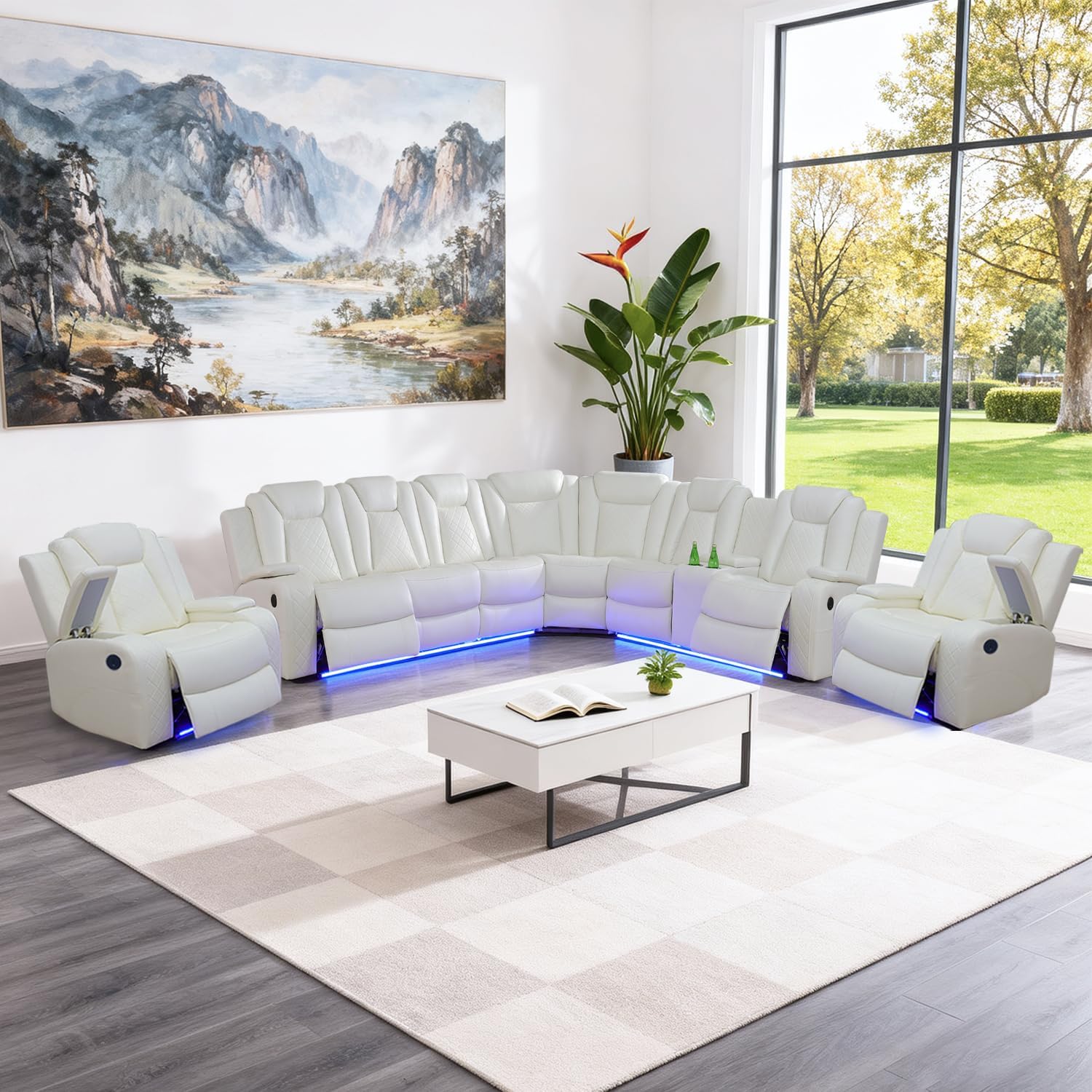 Leather Power Recliner Sectional Sofa Set with LED Light,L Shaped Leather Couch Set with Chair*2,Modular Corner Sofa with USB Ports for Living Room Furniture(White, Sectional+Chair*2)