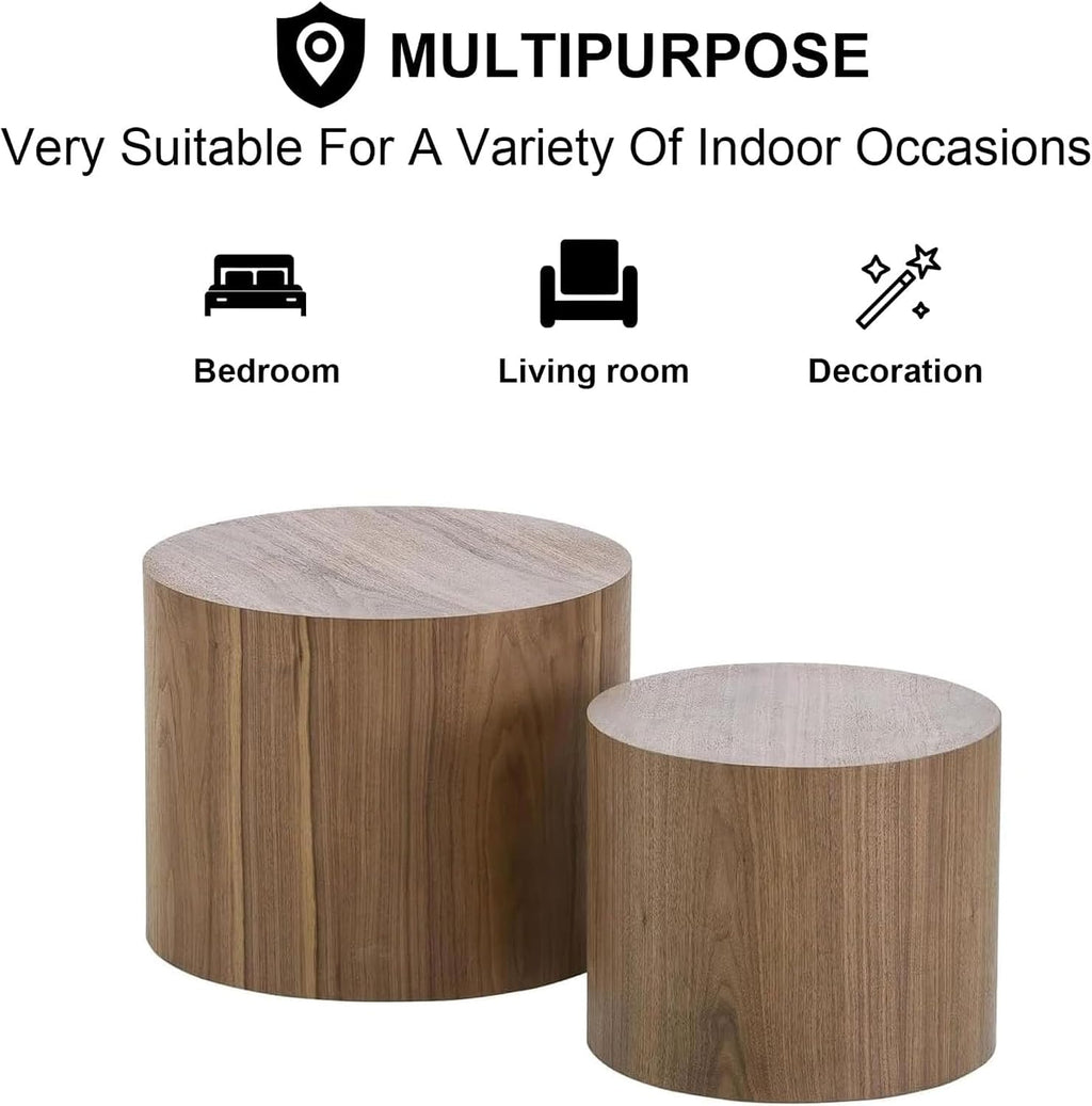 Nesting Coffee Table Set of 2, Modern Nesting Side Table End Table Set Small Round Accent Tables for Small Spaces Wood Circle Coffee Table for Living Room Bedroom Office