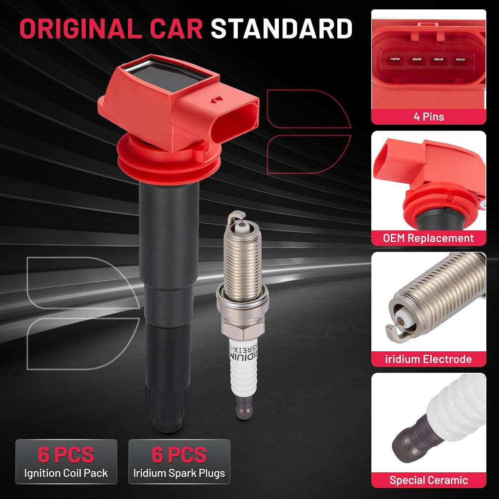 BDFHYK 6 Ignition Coil Pack UF660 and 6 Iridium Spark Plug AP5325 Compatible with Porsche 2008-2018 Cayenne 4.8L V8, 2011-2016 Panamera 3.6L V6, 2010-2016 Panamera 4.8L V8 Coil for 94860210410