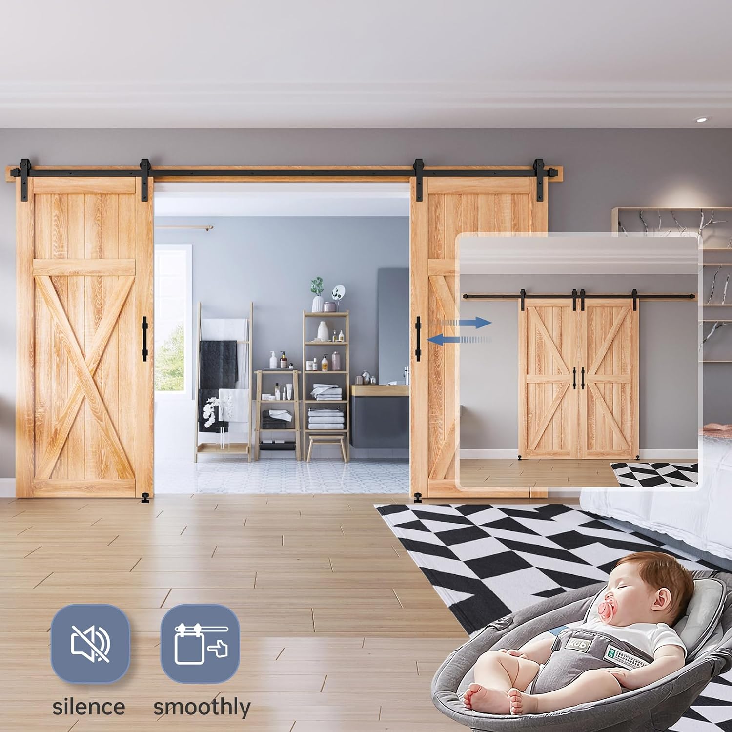 EaseLife 12 FT Double Sliding Barn Door Track and Handle Hardware Kit,Basic J Pulley,Slide Smoothly Quietly,Easy Install (12FT Track Kit for 33'~36' Wide Double Door)