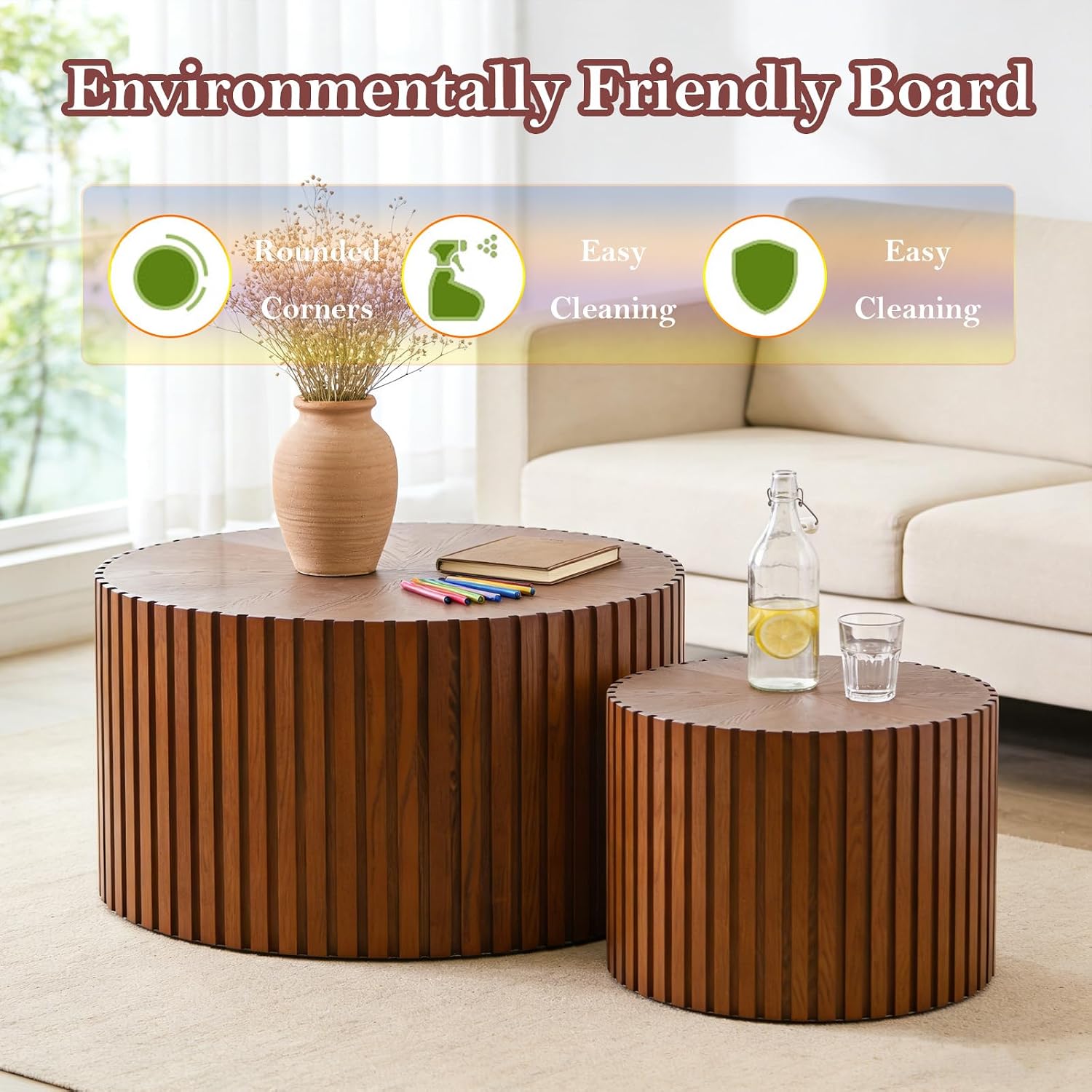 Handcraft Round Nesting Coffee Table - Chic Wave Stripe Edge, Modern Stylish Walnut Wooden Circle Fluted Center Table for Living Room (27.6in+19.7in)