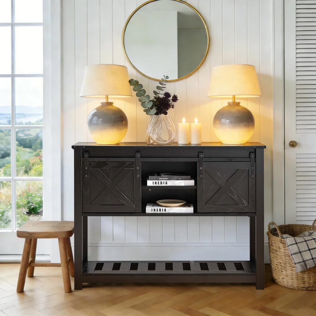 Entryway Table with Sliding Barn Doors, 43' Farmhouse Console Table with Storage Shelf, Behind Couch Sofa for Hallway, Entryway, Foyer, Black