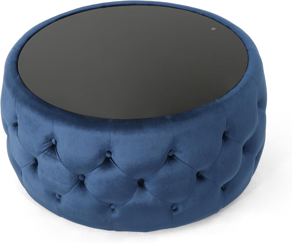 30' Round Velvet Ottoman Coffee Table, Button Tufted Coffee Table with Tempered Glass Top Modern Upholstered Tufted Velvet Cocktail Center Table for Living Room, Fully Assembled (Dark Blue)