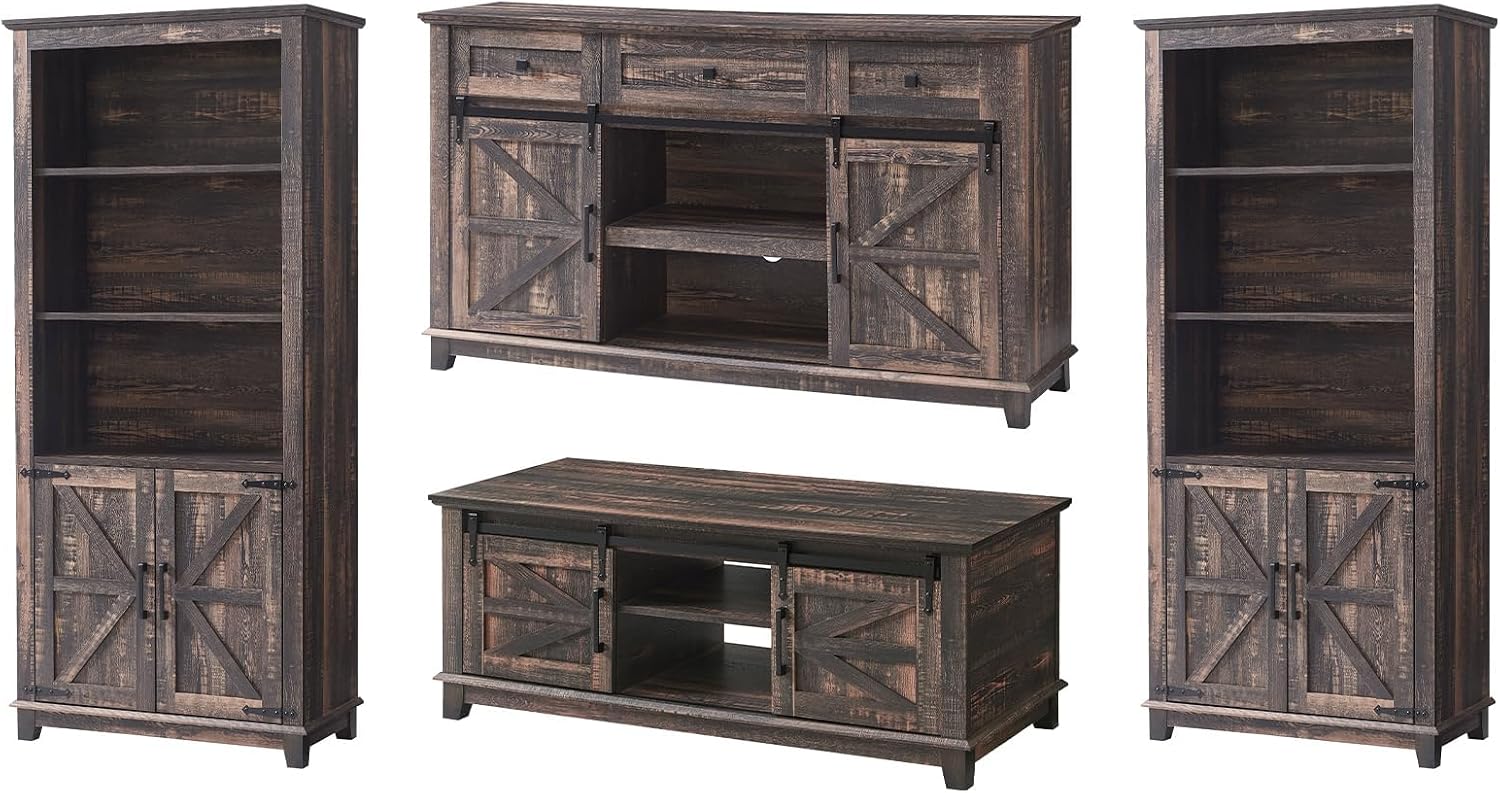 AMERLIFE 4 Piece Farmhouse Table Set, TV Stand, 2 Bookcases & Coffee Table, Entertainment Center for 65 Inch Television with Sliding Barn Doors & Storage Drawers, for Living Room, Bedroom, Oak Black