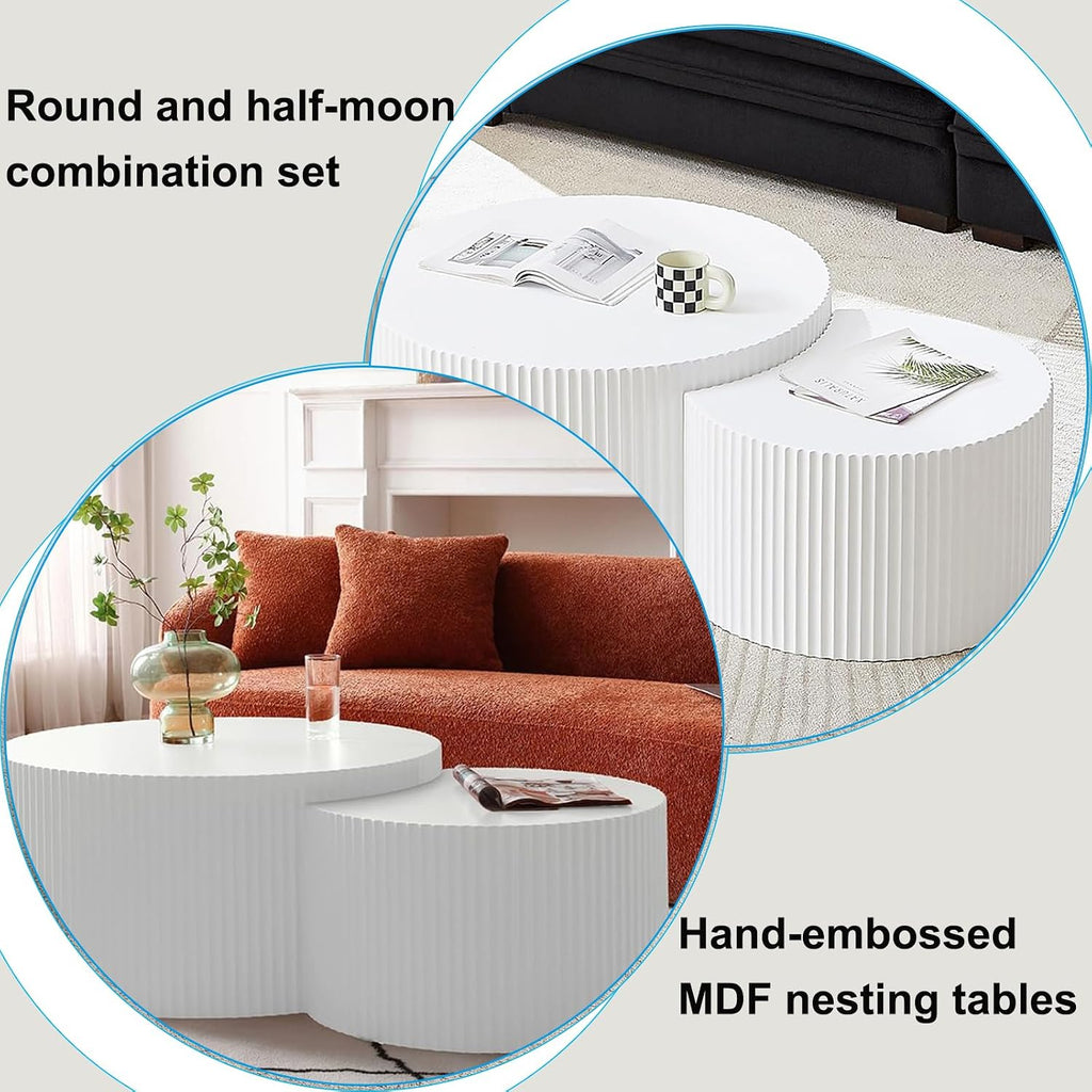 Nesting Coffee Table Set of 2 Wood Circle Drum Coffee Tables Set Contemporary Fluted Coffee Table Round Wooden Coffee Tables for Living Room & Small Space ((Cream, 27.5 +19.6in)