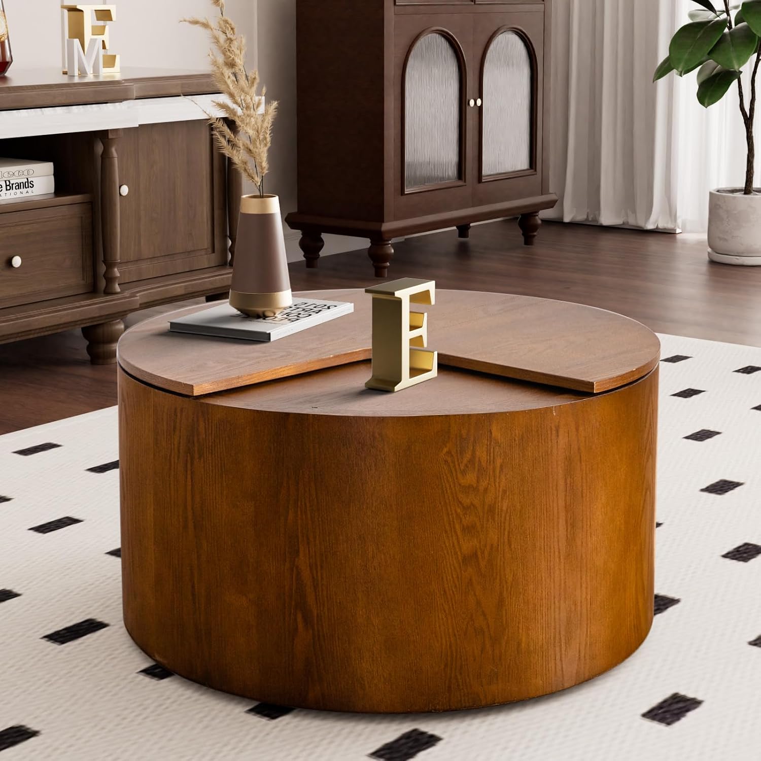 27.16' Modern Walnut Side Table with Storage, Mid Century Round Sofa End Table - 360° Rotation Tabletop for Small Space No Assemble Required (Walnut 27.16in)