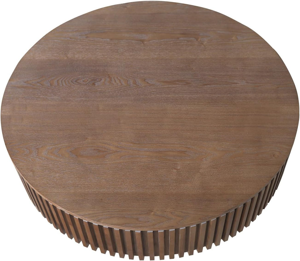 39.37'' Round Coffee Table for Living Room, Fluted Coffee Table with Hidden Storage, Solid Wood Veneered Circle Tea Table, Modern Tea Table for Small Space Apartment (Walnut)
