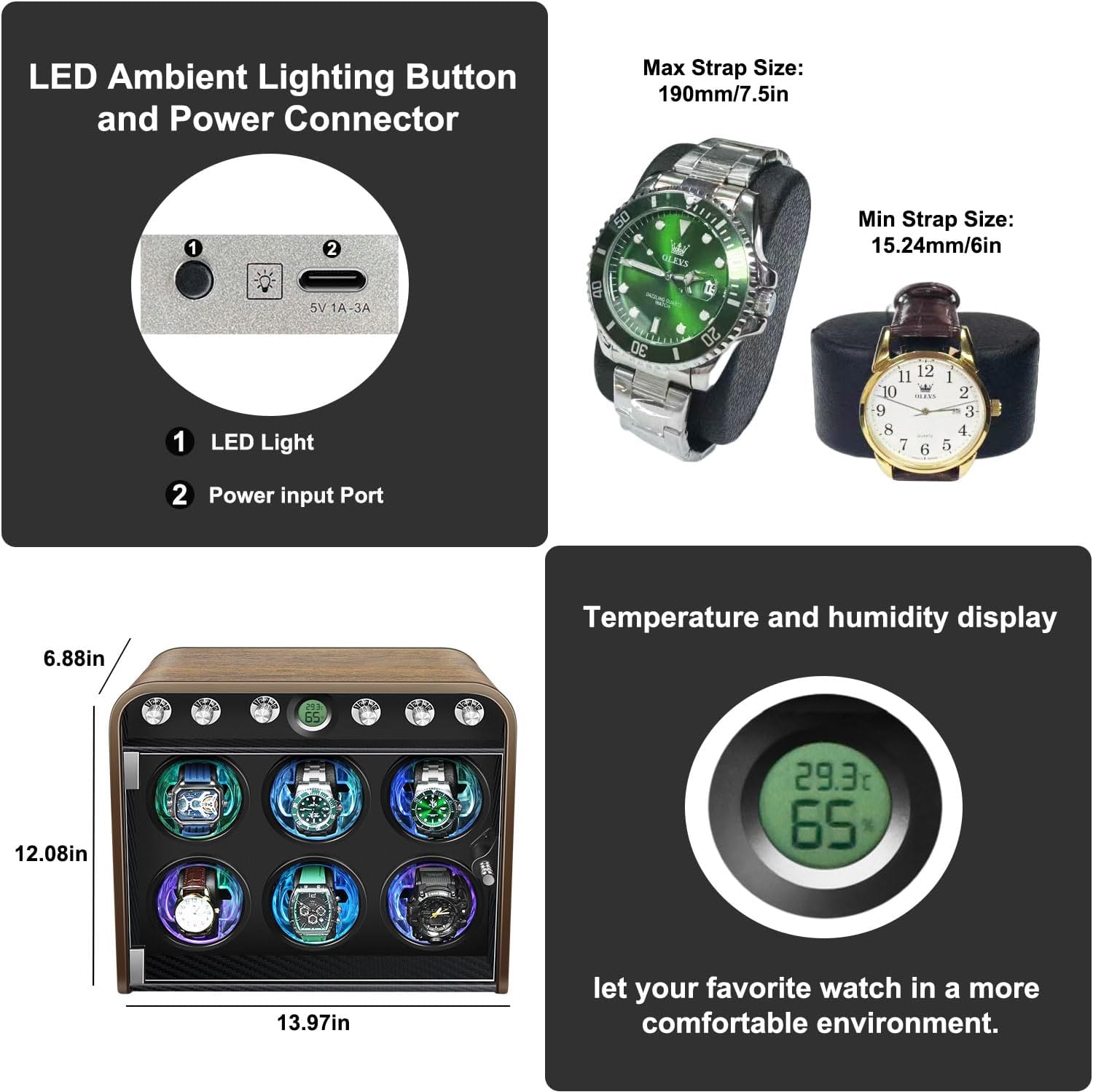 Watch Winder for Automatic Watches, Watch Winders Box 1/2/4/6/9 Slot for Rolex,Silent Motor, 4 Rotation Mode Setting,Built-in led Lights,Gift for Man