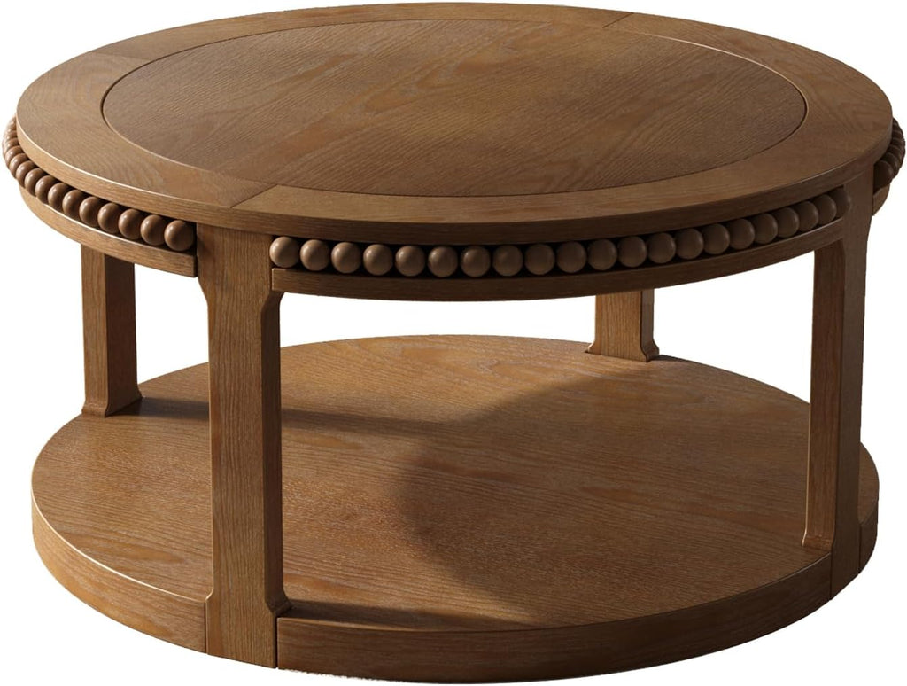 31.5'' Round Coffee Table, 2-Tier Modern Rustic Wood Circle Coffee Table for Living Room, Easy Assembly, Walnut