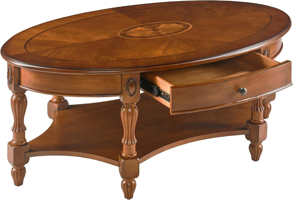 Solid Wood Coffee Table with Drawer and Storage Shelf, Oval Living Room Cocktail Tea Table, Traditional Center Table with Carvings Side Elegant Vintage 45'L x 27.6'Wx18.2'H Caramel Brown KFZ-1533-MG