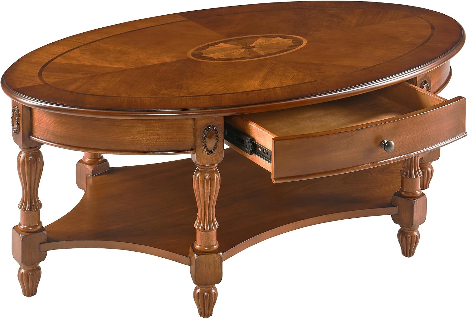 Solid Wood Coffee Table with Drawer and Storage Shelf, Oval Living Room Cocktail Tea Table, Traditional Center Table with Carvings Side Elegant Vintage 45'L x 27.6'Wx18.2'H Caramel Brown KFZ-1533-MG