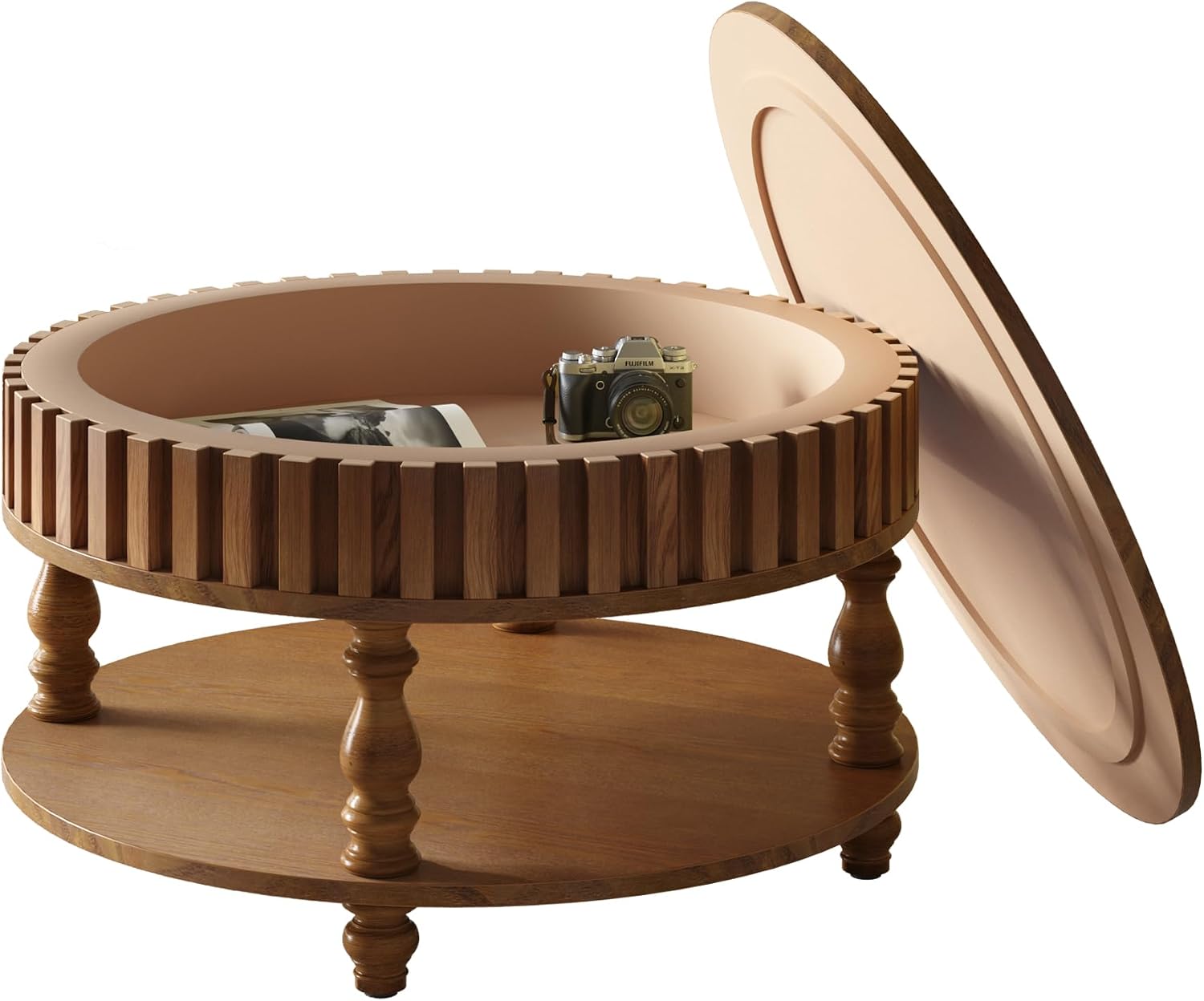 31.49'' Round Coffee Table with Storage Space, 2-Tier Modern Rustic Wood Circle Fluted Coffee Table for Living Room, Moveable Table Top & Easy Assembly, Walnut
