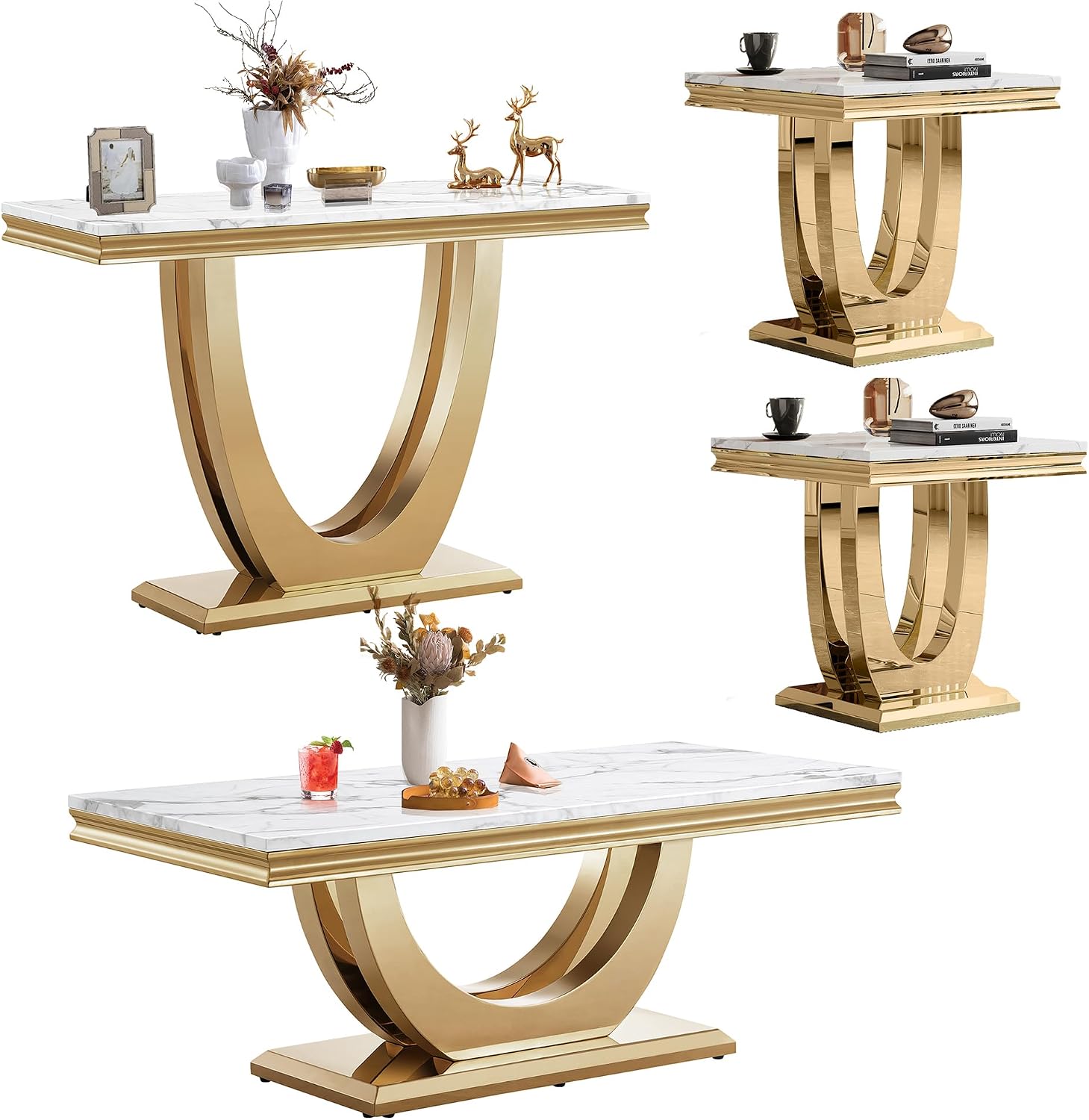 Marble Coffee Table Set of 4, 4 Piece Living Room Table Set Include 1 Coffee Table & 2 End Tables & 1 Console Table, Modern White Gold Coffee Sofa Table Sets with Double U Shape Stainless Steel Base