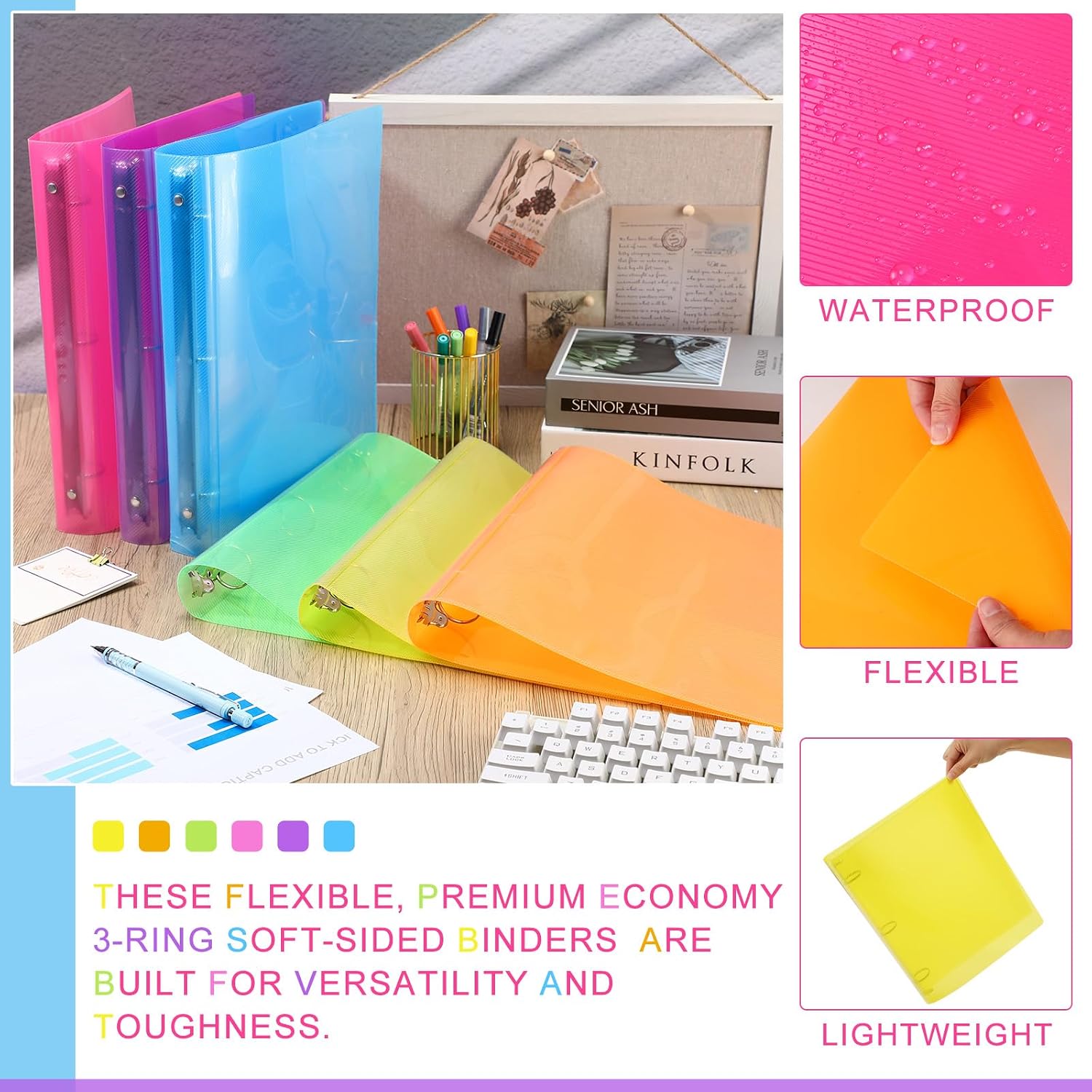 Fulmoon 48 Pack 3 Ring Plastic Binders 2 Inch Bulk with 2 Pockets, Flexible Binder Loose Leaf Hardcover, Fit 12' x 10' US Letter Size Paper, for School Office Home, 6 Colors(Bright)