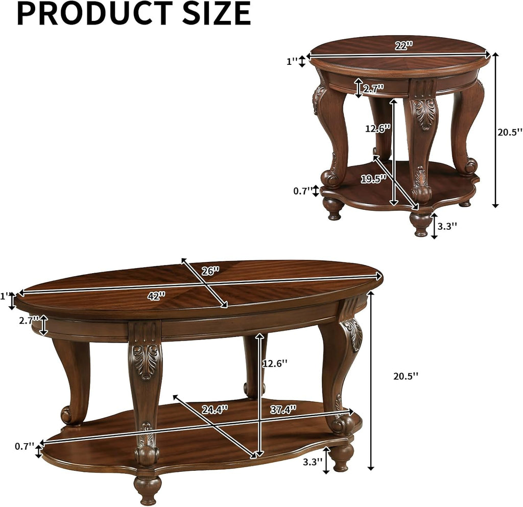 Wood Coffee Table Set for Living Room Round End Tables Set of 2, Antique Coffe Table Legs with Elegant Carvings, Cherry