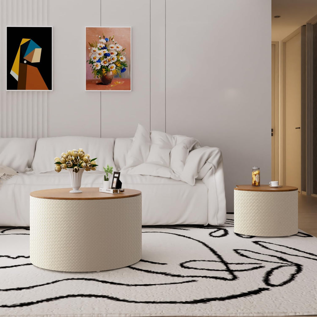 WXFKLDJ Nesting Coffee Tables Set of 2 Leather Finish Round Coffee Tables with Storage Wood Frame Drum End Side Table for Small Space Living Room Bedroom No Assembly Needed (White with Storage)