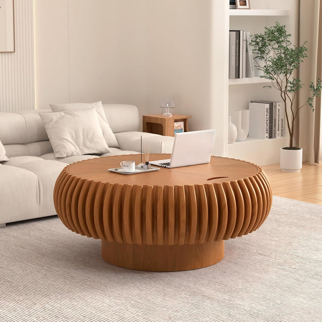 31.5' Round Fluted Coffee Table with Storage Unique Contemporary Wood Low Circle Drum Tea Tables - Sturdy Pedestal for Small Space (J Brown 31.5in)