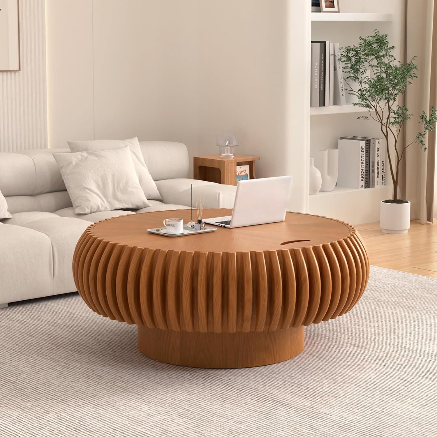 31.5' Round Fluted Coffee Table with Storage Unique Contemporary Wood Low Circle Drum Tea Tables - Sturdy Pedestal for Small Space (J Brown 31.5in)