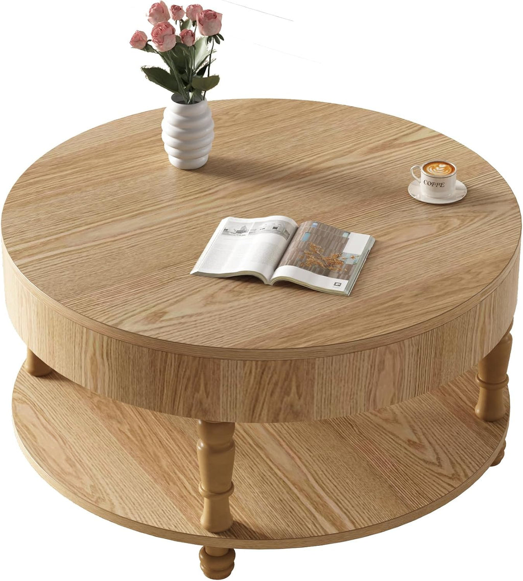 31.5'' Round Coffee Table with Storage Space, 2-Tier Modern Rustic Wood Circle Coffee Table for Living Room, Moveable Table Top & Easy Assembly, Natural