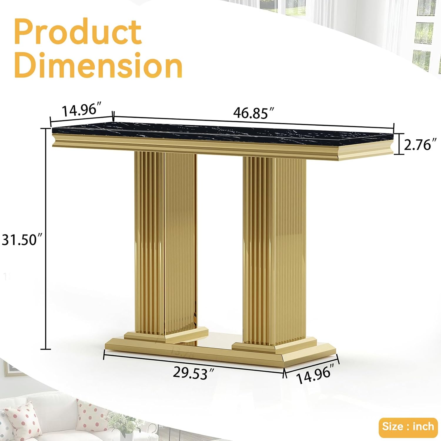 Modern Marble Console Table, 47' Black Gold Entryway Table with Column-Shape Stainless Steel Base, Faux Marble Rectangle Behind Sofa Table Hallway Table Foyer Table for Living Room Entrance