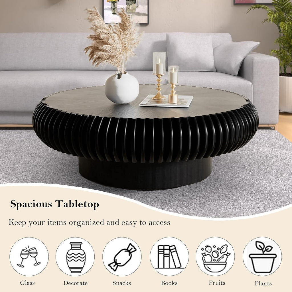 39.37' Round Fluted Coffee Table Unique Contemporary Wood Low Circle Drum Tea Tables with Sturdy Pedestal for Small Space (H Black 39.37in)