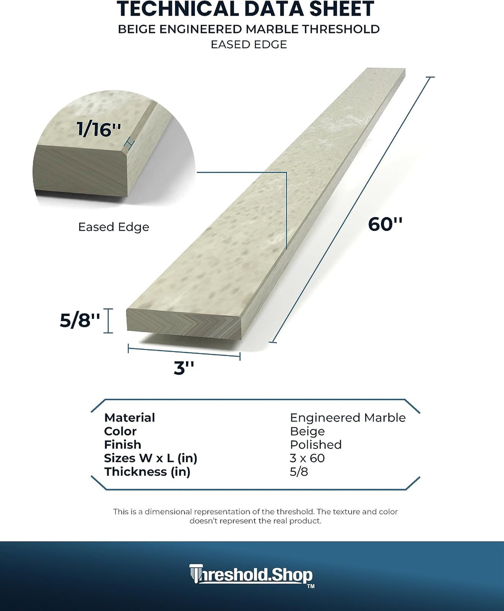 60 inch Shower Curb Top | Beige Engineered Marble Threshold for Schluter Kerdi Board and Tile Redi Shower Pan Systems (3' x 60')