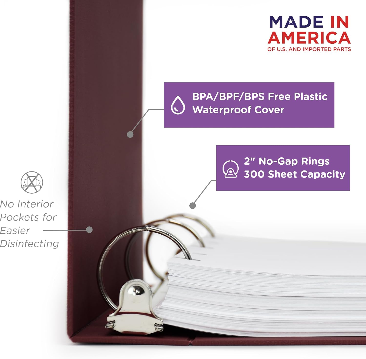 Carstens 2-Inch Heavy Duty Round Ring Binder for Medication Administration Records – Side Opening, Wine, Case of 16, Durable Plastic, No Pockets, Holds 300 Letter Sheets, Made in USA (1805-3RCS)