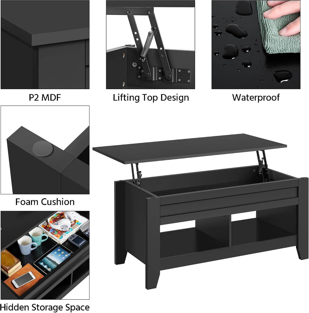 Yaheetech 41in Coffee Table and 2PCS Side Tables Set, Lift Top with Compartment and 3 Tier End Table with Storage Shelf, Living Room Coffee Table with Sofa, Black