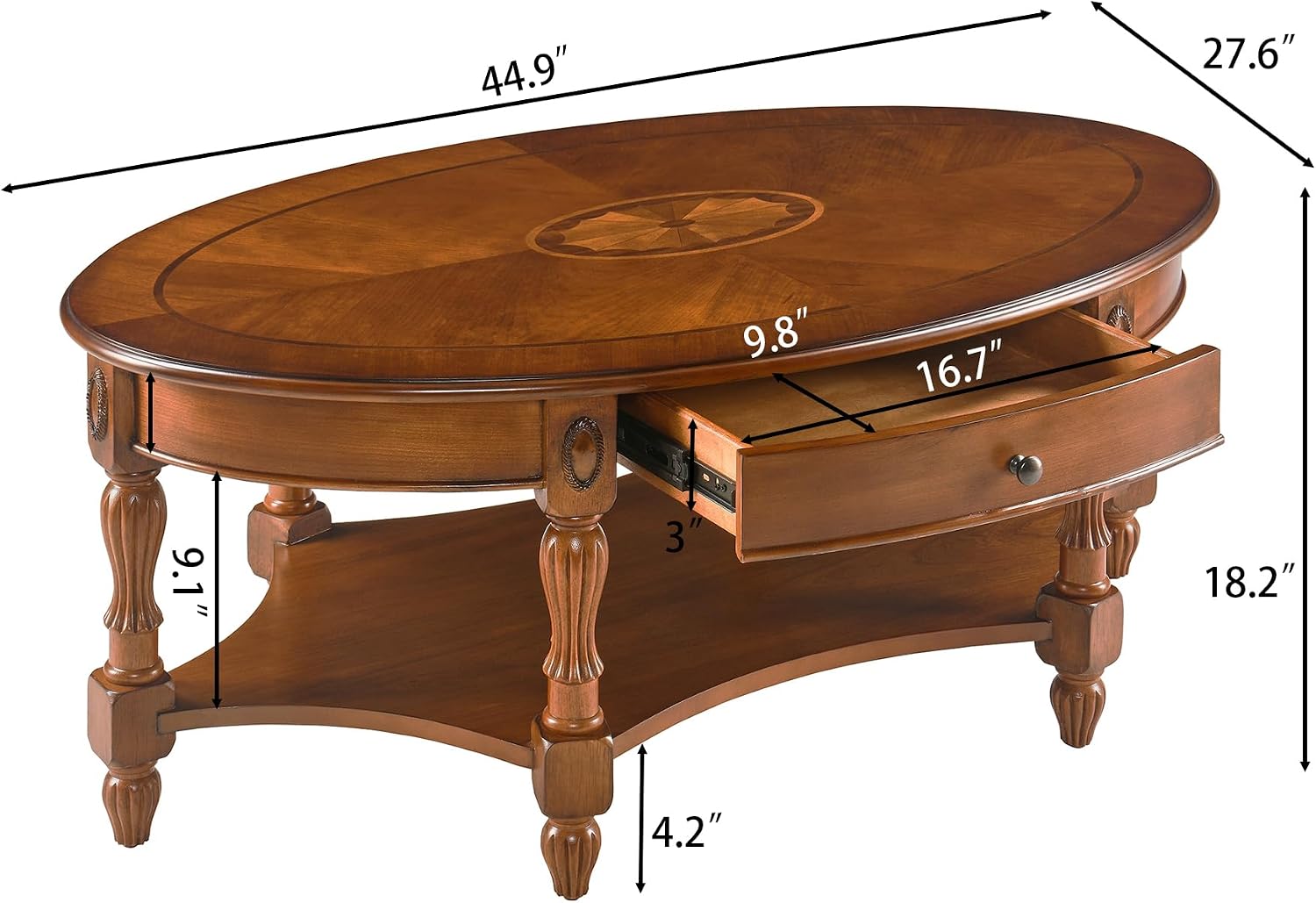 Solid Wood Coffee Table with Drawer and Storage Shelf, Oval Living Room Cocktail Tea Table, Traditional Center Table with Carvings Side Elegant Vintage 45'L x 27.6'Wx18.2'H Caramel Brown KFZ-1533-MG