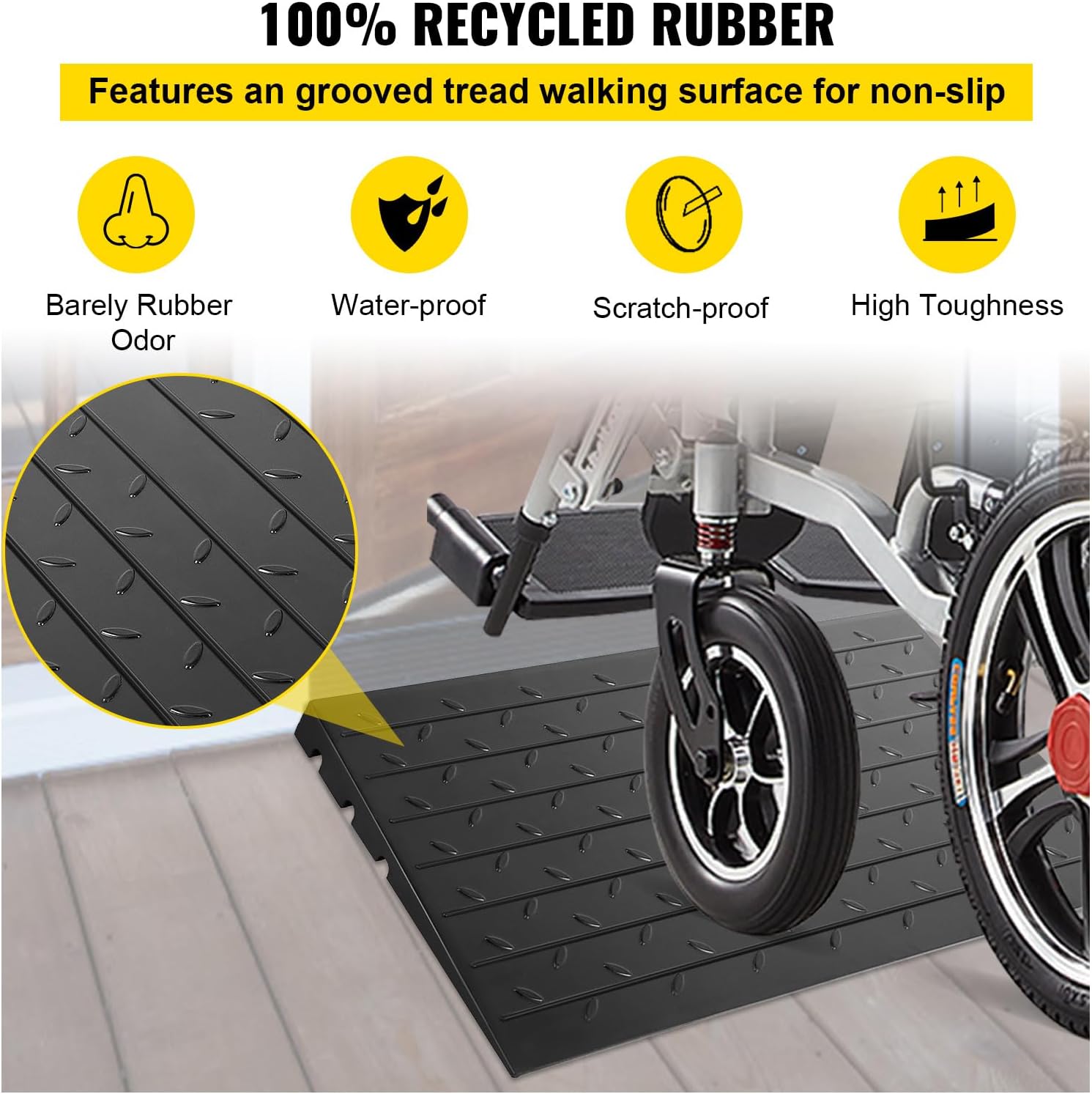Happybuy Rubber Threshold Ramp, 2.6' Rise, Doorway Ramp with 3 Channels Cord Cover, Solid Rubber Angled Entry Ramp, 2202 lbs Load Capacity for Wheelchairs and Scooters